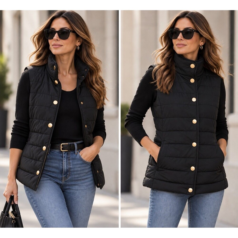 MICHAEL Michael Kors Womens M Black Quilted Puffer Vest Gold Snap Buttons